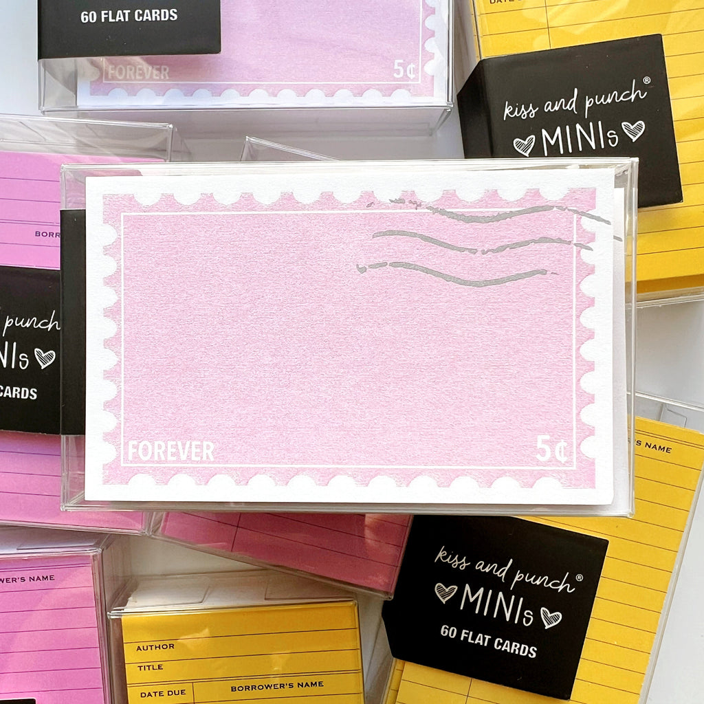 Collection of 'kiss and punch' MINIs flat cards in various colors with a pink card featuring 'FOREVER' text.