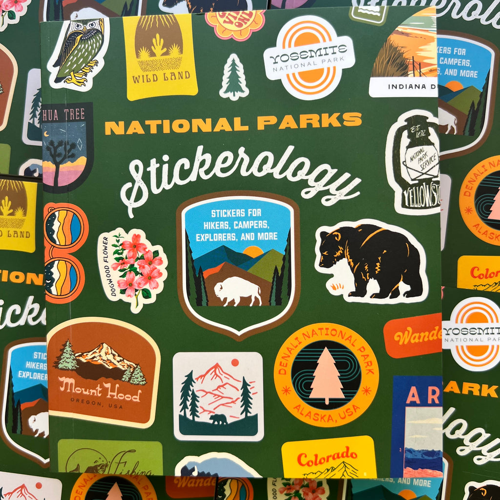 Collection of National Parks stickers on a green background
