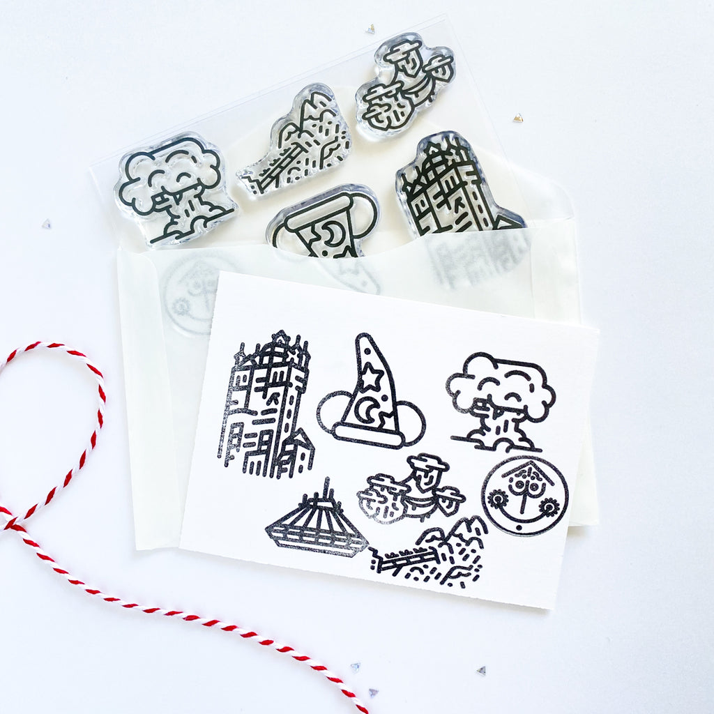 Clear stamp set with 7 individual stamp designs of park favorite places.  Perfect for scrapbooks, journaling, notebooks, planners. 