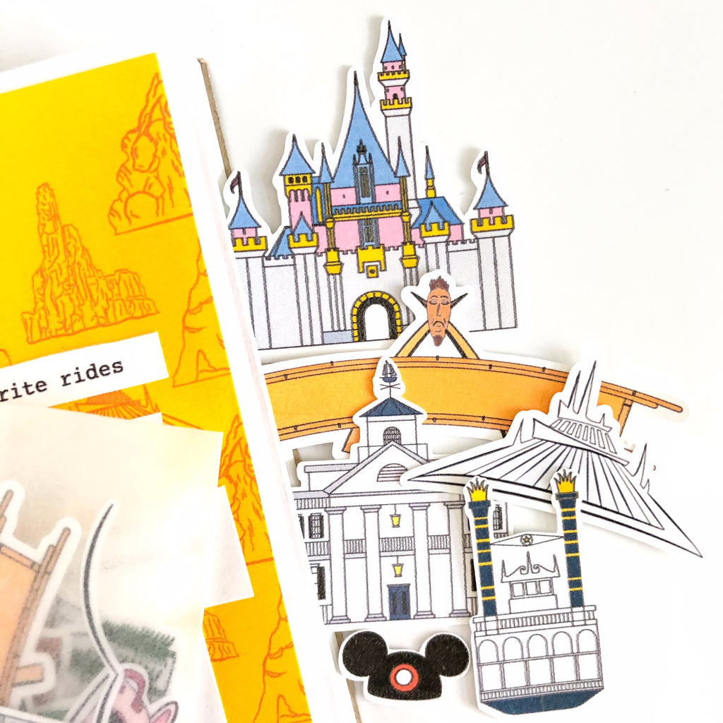 This package of paper ephemera can be used on any paper crafting project.  With iconic places throughput the park.  The castle, Adventureland sign, Space Mountain, Mark Twain Steamboat, Haunted Mansion, and more. 
