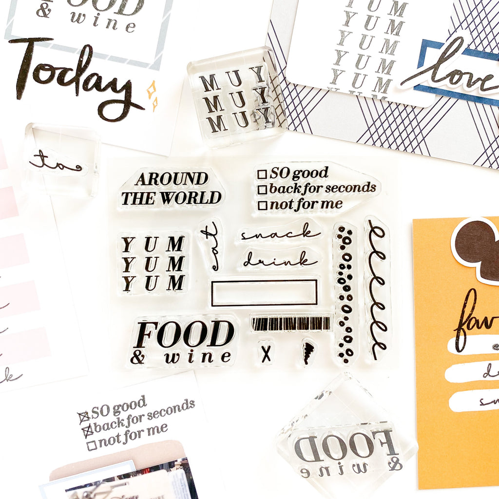 stamp set 13 photopolymer stamps for Food and Wine festival.  Can be used for Disney's Epcot Food & wine Festival or the California Adventure's Food & Wine Festival. Perfect for paper crafting, stamping, scrapbooking, memory keeping, disney planning, DIY projects and more. 
