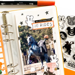 Halloweentime at Disney parks, includes headless horseman, Boo To You saying, It's really not so scary, Minnie witch hat, poison apple, Jack Skellington bowtie, Halloween DIY craft set for stamping, scrapbooks, memory keeping, memory planning, travelers notebooks and more. 