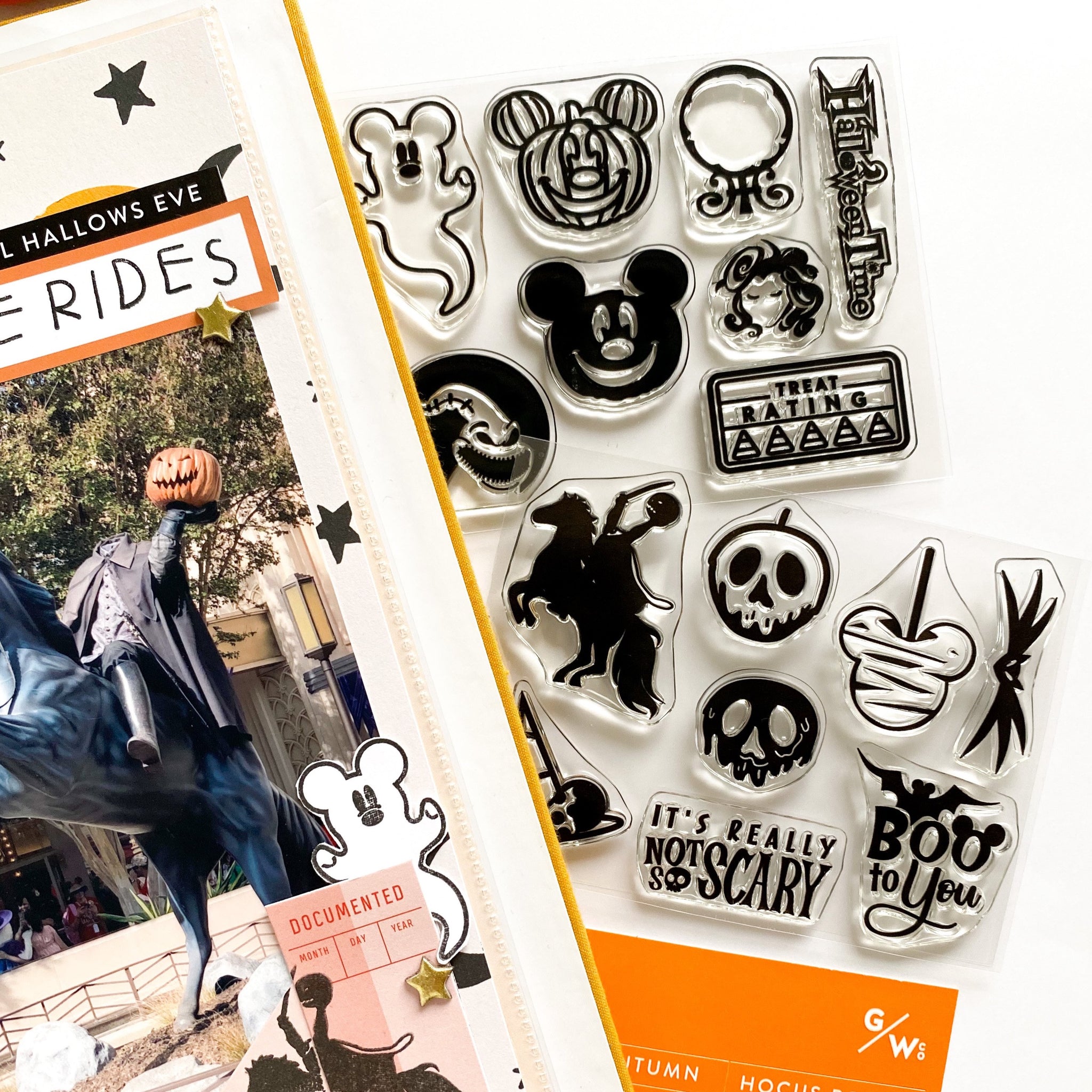 Halloweentime at Disney parks, includes headless horseman, Boo To You saying, It's really not so scary, Minnie witch hat, poison apple, Jack Skellington bowtie, Halloween DIY craft set for stamping, scrapbooks, memory keeping, memory planning, travelers notebooks and more. 