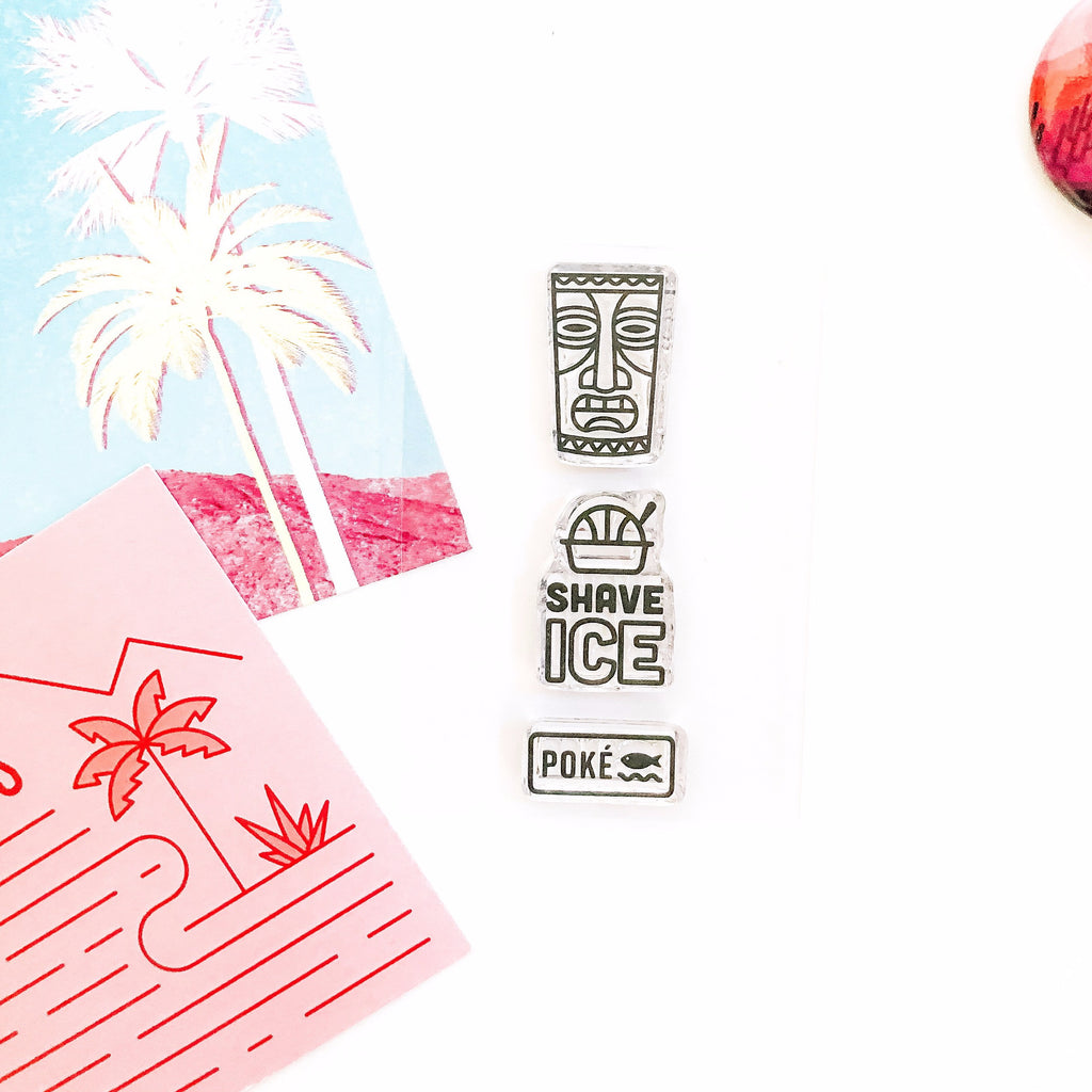 Its Shave Ice clear stamp, with a tiki man statue, and a poke sign stamp, and a shave ice with a bowl stamp.  3 stamps in total.  Perfect for bullet journals, memory keeping, scrapbooking, planning, and other paper crafts!  