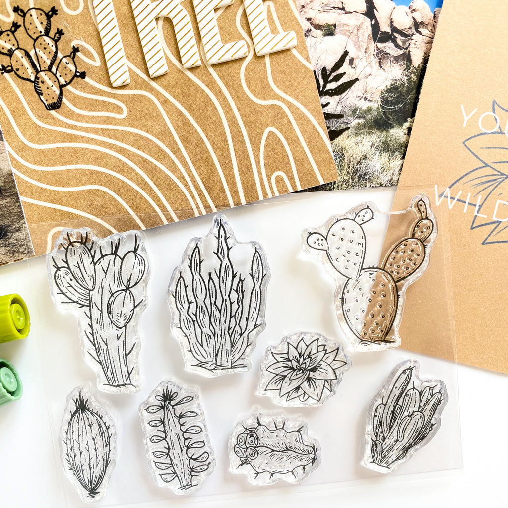 Stamp set, clear stamp set, cactus, cacti plants, desert cactus, for diy handmade cards, memory keeping, planners, memory planning, scrapbooking, paper crafting, crafts with kids, travel journals, travel planner, travelers notebook, and more. 