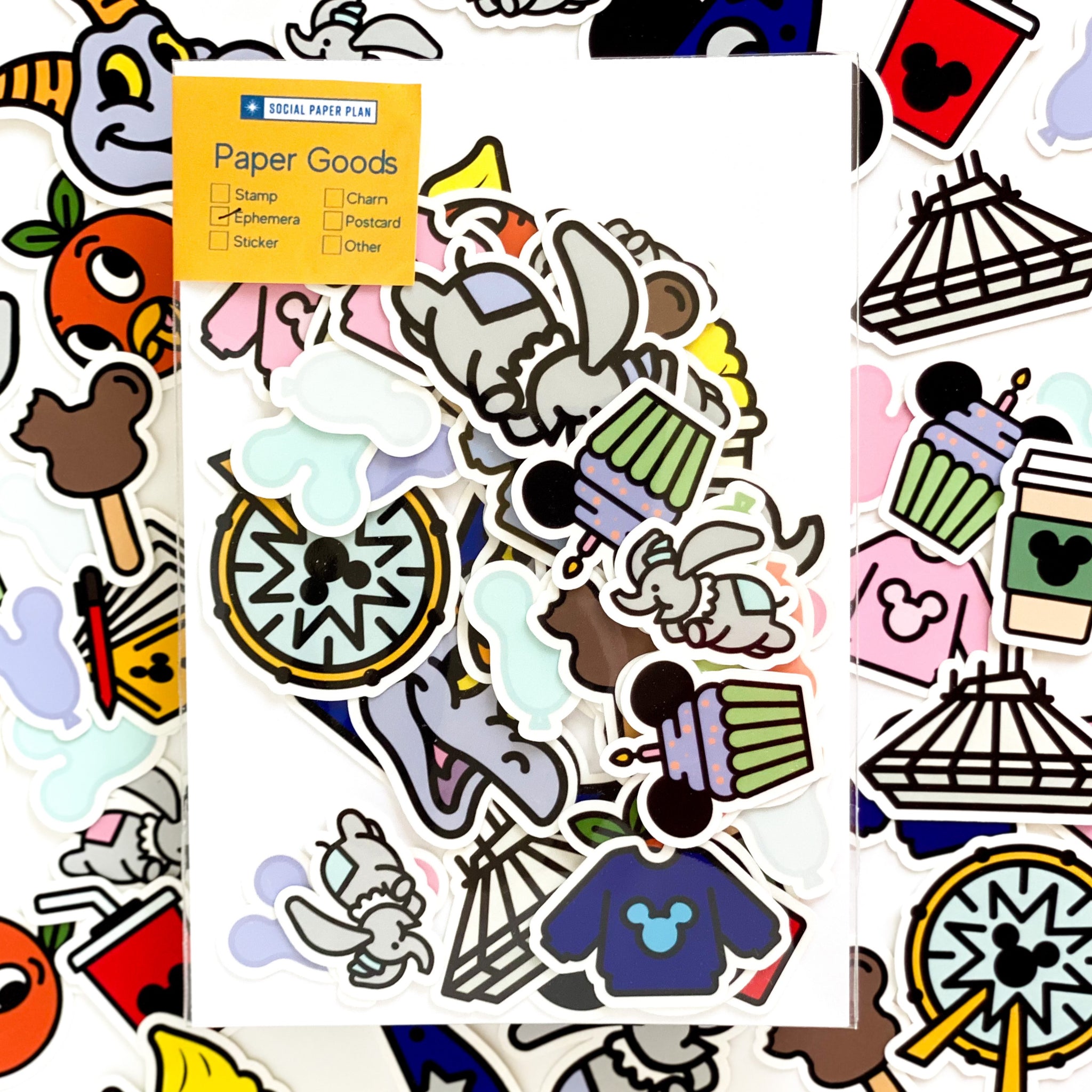 Packed full of paper die cute and ephemera.  Best for kids at home art projects, Disney scrapbooking, Disney stickers, Disney vacations, Disneyland, Disney World, scrapbooking, handmade cards, and more.  Disney inspired icons. 