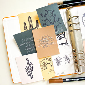 set of 12 printable journal cards, or 12 printable postcards for snail mail, happy mail, journal cards for travel journals, pocket pages, scrapbooking, memory keeping, pocket scrapbooking, project like, handmade card making, and more.  All desert inspired with deep muted desert colors. 3x4 journal cards. 